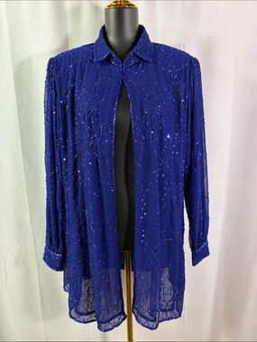 Vintage Anage Dark Blue Beaded Sequin Embellished Sheer Long Sleeve Jacket